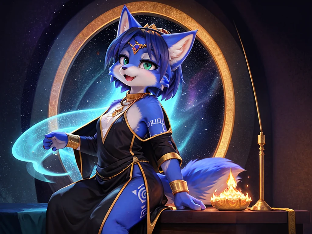 A beautiful and detailed (sweet picture) wa ((krystal)), Star Fox Krystal, sslim, lovable, green eyes, medium , (((Long blue hair 1.3))),  ((black hair tips)), Decollete, grin, look up,, anthro, furry, Uploaded E621, detailed fluffy fur, (wa Fluff-Kevlar, Bayard Wu, personalize me, Pino Daeni), detailed face, (fluffy), 1 girl, alone,  Tribal clothing, sweet girl, alone,  ASCIIrealisti, ​masterpiece,
(Three quarters back) VIEW, back, over shoulder, shot above, detailed and extremely fluffy body fur,
shiny coat, green eyes, small , Cute fangs,
sit on a table, sexy Pose,
((Long wavy purple hair, Hair above the eye)),
(purple and Schwarz elegant dress|Starry Night Empress Robes, dark dress, reminiscent of a starry sky, flowing cape, Crescent Accessories),
Shimmering Gold, gold necklace, Gold anklets, Gold Bracelets, Golden Belt, golden chain decoration, golden tiara,
Half Closed Eyes, open mouth, Happy,
uploaded to e621, (wa Hasui Kawase:0.5), wa Barbara Takenaga, wa Affandi, wa Beatrice Ethel Lithiby, wa Catcouch,
furrycore,
Night time,
decorated fantasy throne room, colored magic lights, Dim the light,
Antique brass lamps, Hanging brass lamps with stained glass panels cast warm and colorful light into the room, lavishly decorated bed, Cryptic Alchemy Lab radiates an unearthly glow, that defies the laws of natural light., Alchemy laboratory with bubbling potions and mysterious ingredients, living crystalline column,
detailed, realisti, 8K  UHD, good quality, good quality photography, 3-point lighting, Flash with softbox, 4K, Canon EOS R3, HDR, smooth, keen focus, High resolution, Award-winning photo, 80mm, f2.8, bokeh,
Film composition, cinematic lighting,highly detailed, ​masterpiece, best quality,