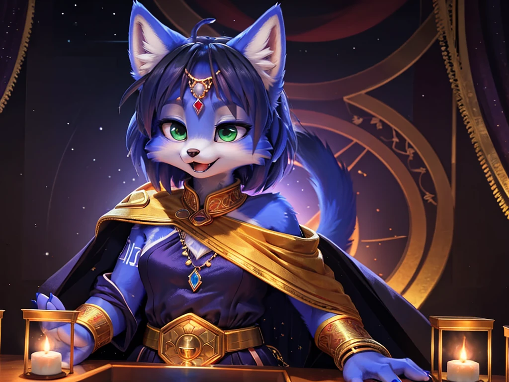 A beautiful and detailed (sweet picture) wa ((krystal)), Star Fox Krystal, sslim, lovable, green eyes, medium breasts, (((Long blue hair 1.3))), ((black hair tips)), Decollete, grin, look up,, anthro, furry, Uploaded E621, detailed fluffy fur, (wa Fluff-Kevlar, Bayard Wu, personalize me, Pino Daeni), detailed face, (fluffy), 1 girl, alone, Tribal clothing, sweet girl, alone, ASCIIrealisti, masterpiece,
(Three quarters back) VIEW, back, over shoulder, shot above, detailed and extremely fluffy body fur,
shiny coat, green eyes, small breasts, Cute fangs,
sit on a table, sexy Pose,
((Long wavy purple hair, Hair above the eye)),
(purple and Schwarz elegant dress|Starry Night Empress Robes, dark dress, reminiscent of a starry sky, flowing cape, Crescent Accessories),
Shimmering Gold, gold necklace, Gold anklets, Gold Bracelets, Golden Belt, golden chain decoration, golden tiara,
Half Closed Eyes, open mouth, Happy,
uploaded to e621, (wa Hasui Kawase:0.5), wa Barbara Takenaga, wa Affandi, wa Beatrice Ethel Lithiby, wa Catcouch,
furrycore,
Night time,
decorated fantasy throne room, colored magic lights, Dim the light,
Antique brass lamps, Hanging brass lamps with stained glass panels cast warm and colorful light into the room, lavishly decorated bed, Cryptic Alchemy Lab radiates an unearthly glow, that defies the laws of natural light., Alchemy laboratory with bubbling potions and mysterious ingredients, living crystalline column,
detailed, realisti, 8K UHD, good quality, good quality photography, 3-point lighting, Flash with softbox, 4K, Canon EOS R3, HDR, smooth, keen focus, High resolution, Award-winning photo, 80mm, f2.8, bokeh,
Film composition, cinematic lighting,highly detailed, masterpiece, best quality,
