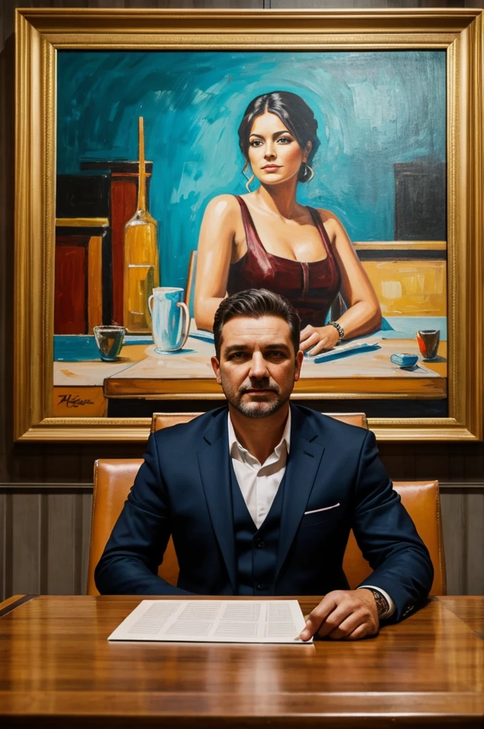 Make a picture of a boss sitting at a table with a painting written on fixbet in the background