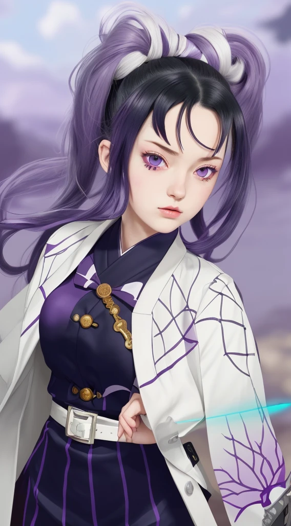 cute girl with purple hair and a white jacket holding a sword, kimetsu no yaiba, realistic
