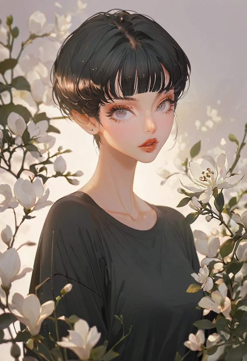 (Highest quality,Very detailed,High resolution:1.2),beautiful girl,Black very short hair,Black hair bangs, Wearing an oversized black T-shirt,very_Long eyelashes, Detailed lips, Cool look, Soft Skin, Shiny Hair,Exquisite makeup,