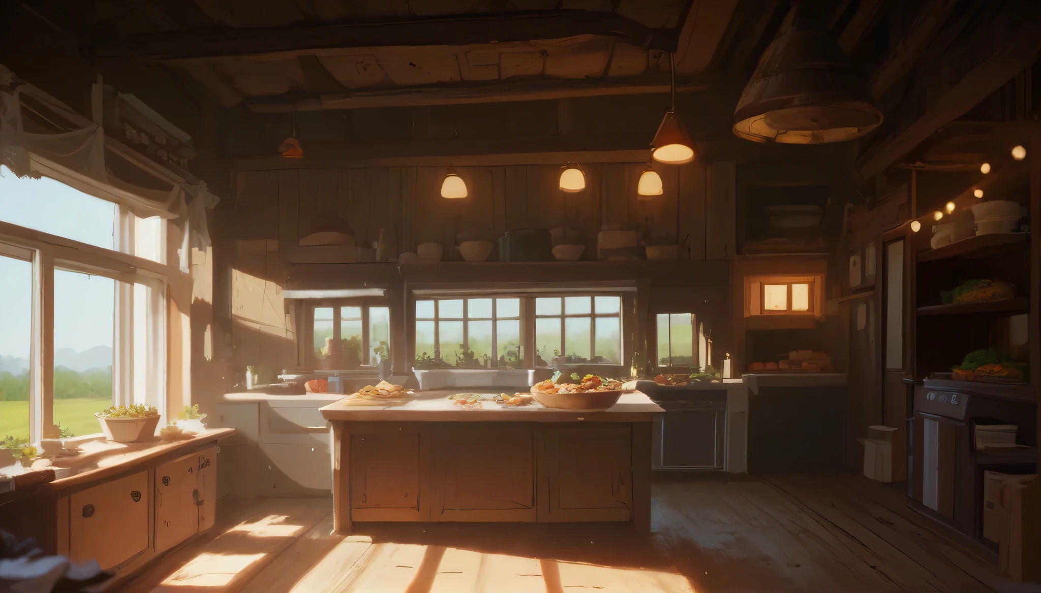 Farmhouse kitchen with lights illuminating the space, a kitchen counter with food on top, a refrigerator, stove, various details, a window reflecting the flowery field outside. Luxurious and beautiful kitchen.