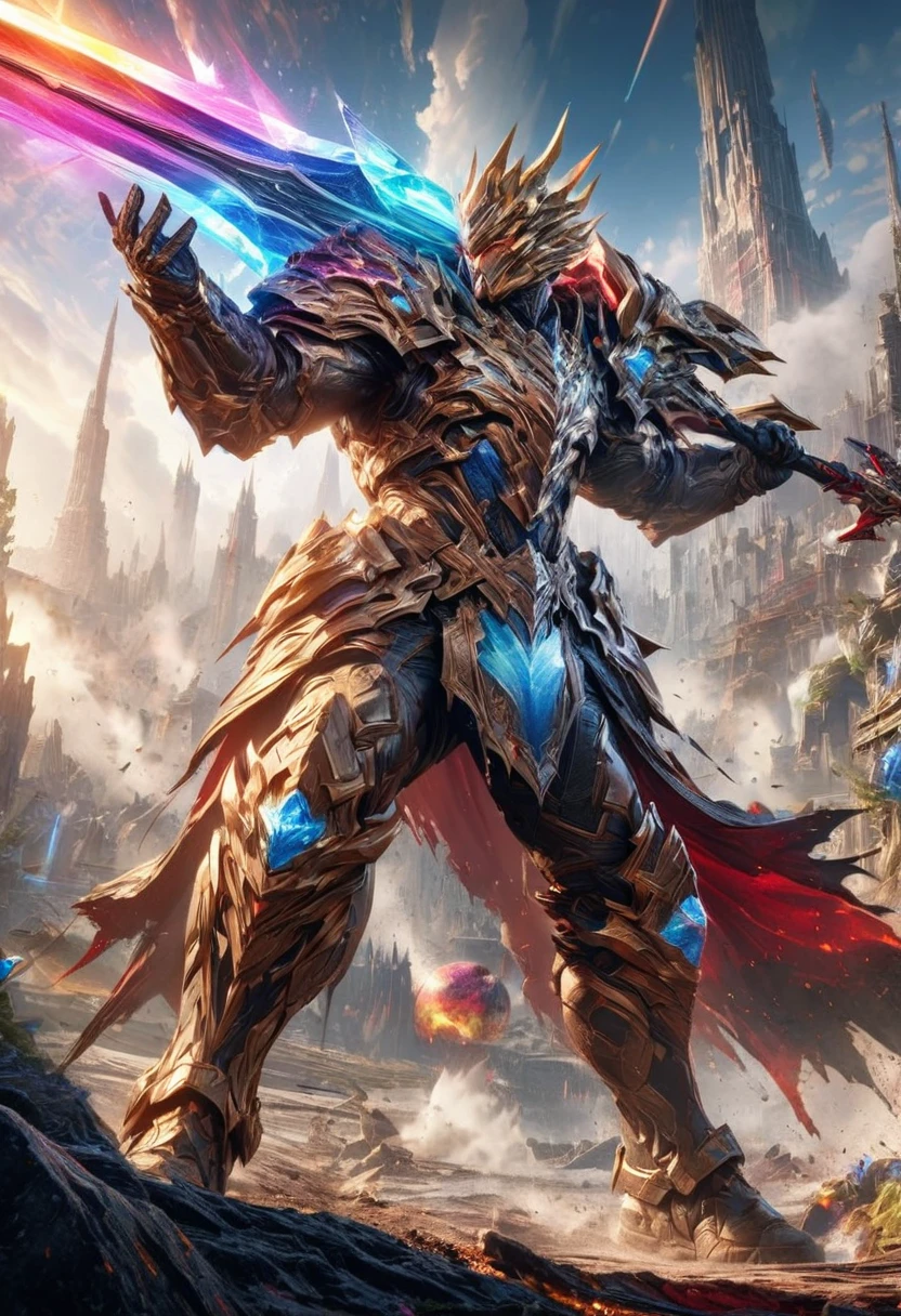 the holy sword Durandal, shatters the transparent crystal ball, erupting rainbow cosmic rays and sending the galaxy hurtling towards destruction, (ultra detailed, absolutely resolution, best quality:1.3), 2.5D, delicate and dynamic, artistic photography, hyper realistic, graphic CG digital art