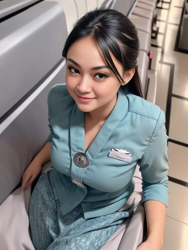 1girl, solo, 19 years old, (uniform), detailed airport scenery at the background, seductive pose, thick medium breasts, fit body, smooth realistic skin, cute little smirk, looking at the audience, high angle shot, (overhead shot:1.4), (zoom-out:1.5), (8k, RAW photo, best quality, masterpiece: 1.4), (realistic, realistic: 1.37), ultra-high resolution, cowboy shot