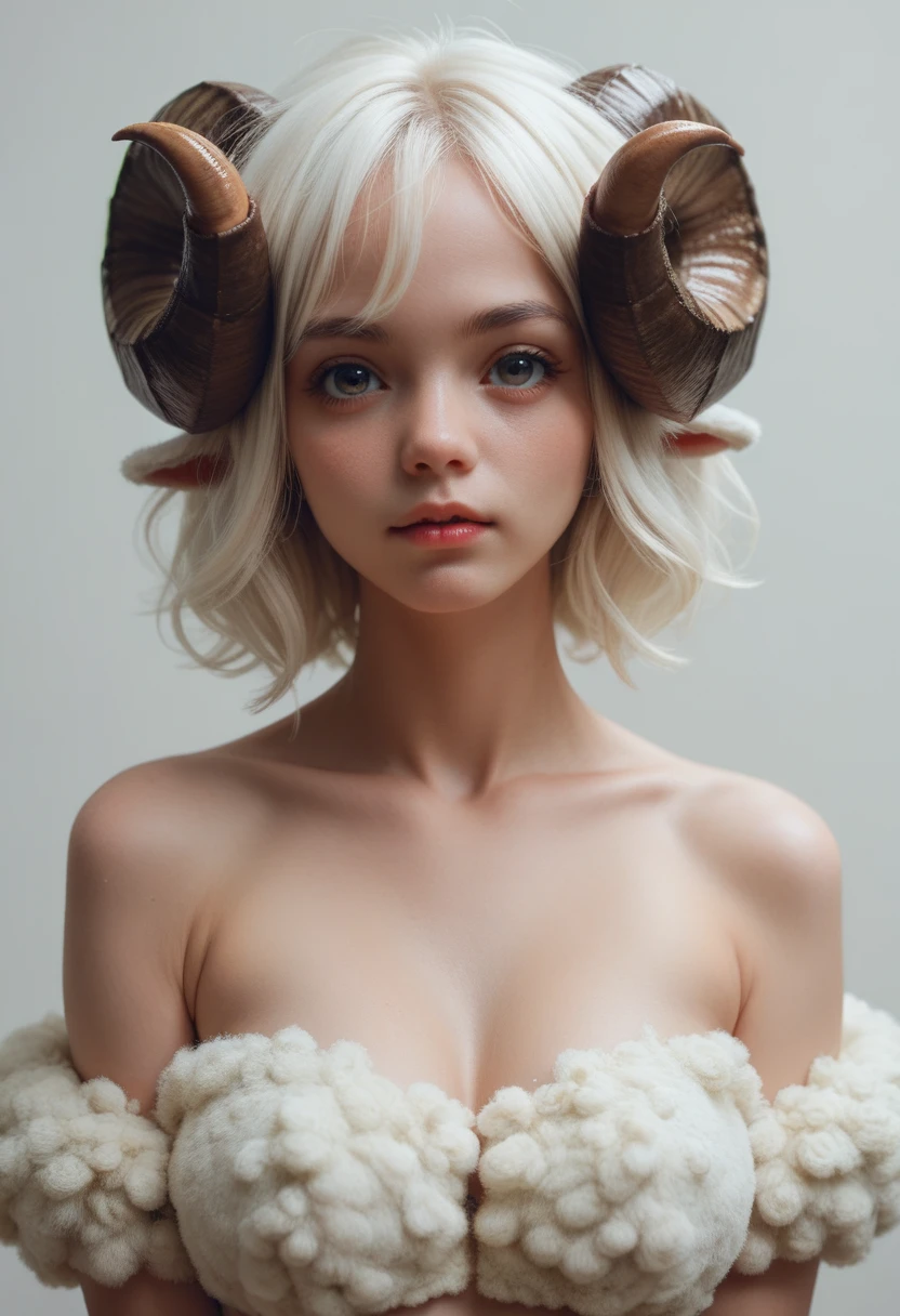 Sheep girl in anime pixel style, the girl has big horns like a lamb's, fluffy curly old hair, dark skin, cute nose, Gothic clothes like in the 19th century, in hand there is a shovel stained with blood, portrait