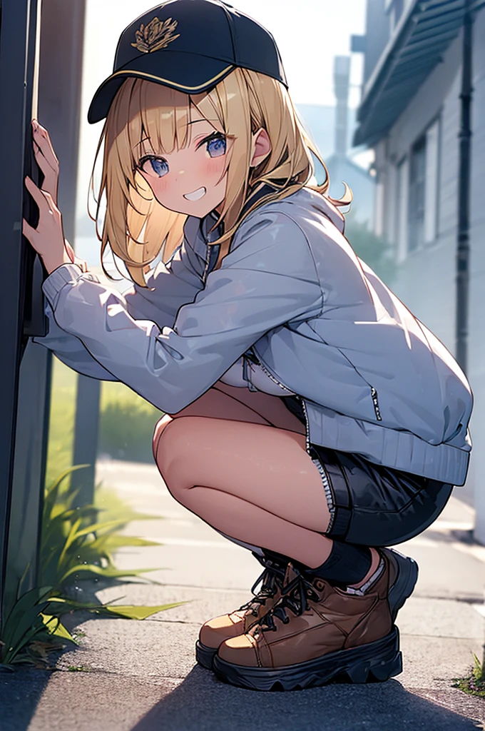(Masterpiece, Top quality:1.5), 1 beautiful girl, squatting down, from side, Blonde, medium Hair, wavy Hair, asymmetry bangs, swept bangs, airy hair, large breasts:1.2, 16 year old, standard weight, (cool jacket, Shorts :1.3), baseball cap, grin:1.1, blush, beautiful scene of narrow Alley, blurry background, magnificent panorama view, blurry background,