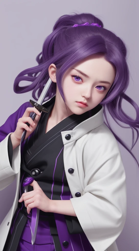 cute girl with purple hair and a white jacket holding a sword, kimetsu no yaiba, realistic