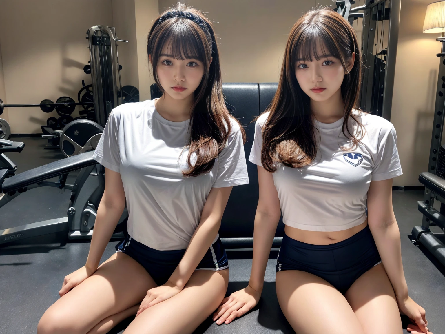 masterpiece, best quality, illustration, Super detailed, fine details, High resolution, 8K,wall paper, perfect dynamic composition,(Details High quality, realistic depiction of eyes:1.3), (2 girls),(short sleeve white t-shirt, navy short pants, gym clothes), middle hair, ponytail, sideburns, sitting, open legs, in a hotel room in the background, deep on field, large breasts, black hair color, Big Natural Color Lip, (perfect body shape), crying a little、Harajuku style、20 year old girl、cute type、beautiful legs, Gravure Idol