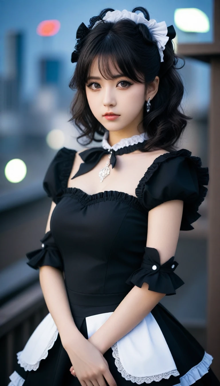 8k, Ultra-high resolution, Highest quality, masterpiece, 三分割法によるphotograph,Surreal, photograph, 1 Girl, (10 years old:1.3), pretty girl, Cute Face, Beautiful eyes in every detail, 細かくdetailedに,masterpiece,One Girl:1.2,Japanese female announcer,cowboy shot,Serious expression,Black Hair,Curl outward hair,Maid Android,((Fusion of Gothic Lolita and Lolita fashion:1.3)),Pencil Skirt,bracelet, chest, choker, clavicle, Earrings,Futuristic cityscape ,Perfect and beautiful face ,完璧でCute Face, Skin with attention to detail, Perfect limbs、Narrow waist,Looking at the audience,(((Ideal body type))),Aカップの小さなchest :2,Portraiture:2,Perfect Anatomy,鮮明なdetailed,detailed,Surreal,Light and shadow,spotlight