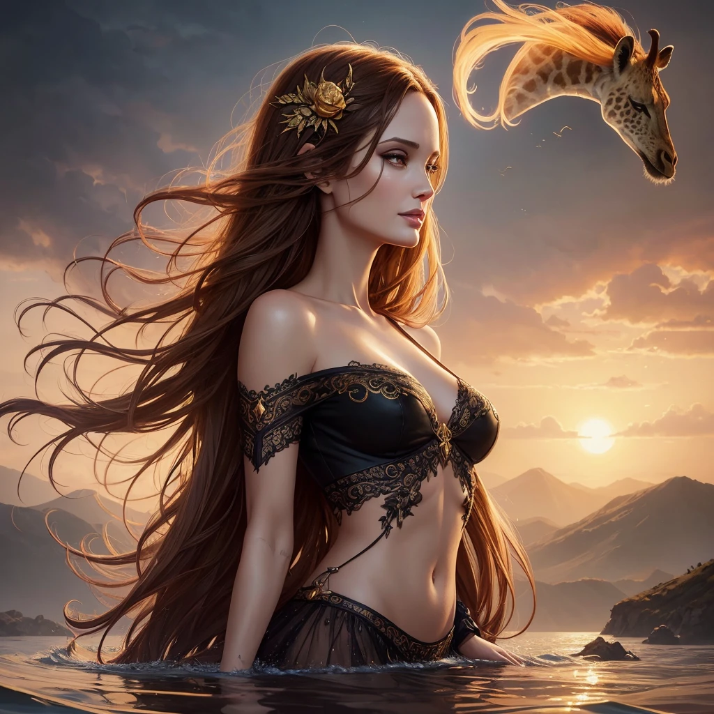golden hour, front view oil painting of a woman with face of Winona Ryder morphed with Angelina Jolie laughing with gigantic hairdo floating on water, giraffe morphed with lion emerges from water in the background, tears of joy, storks, stunning digital illustration, beautiful fantasy art portrait, a beautiful artwork illustration, charlie bowater rich deep colors, artstyle tom bagshaw, beautiful digital illustration, beautiful fantasy portrait, portrait of a dark fantasy nymph, exquisite digital illustration, in style of anna dittmann