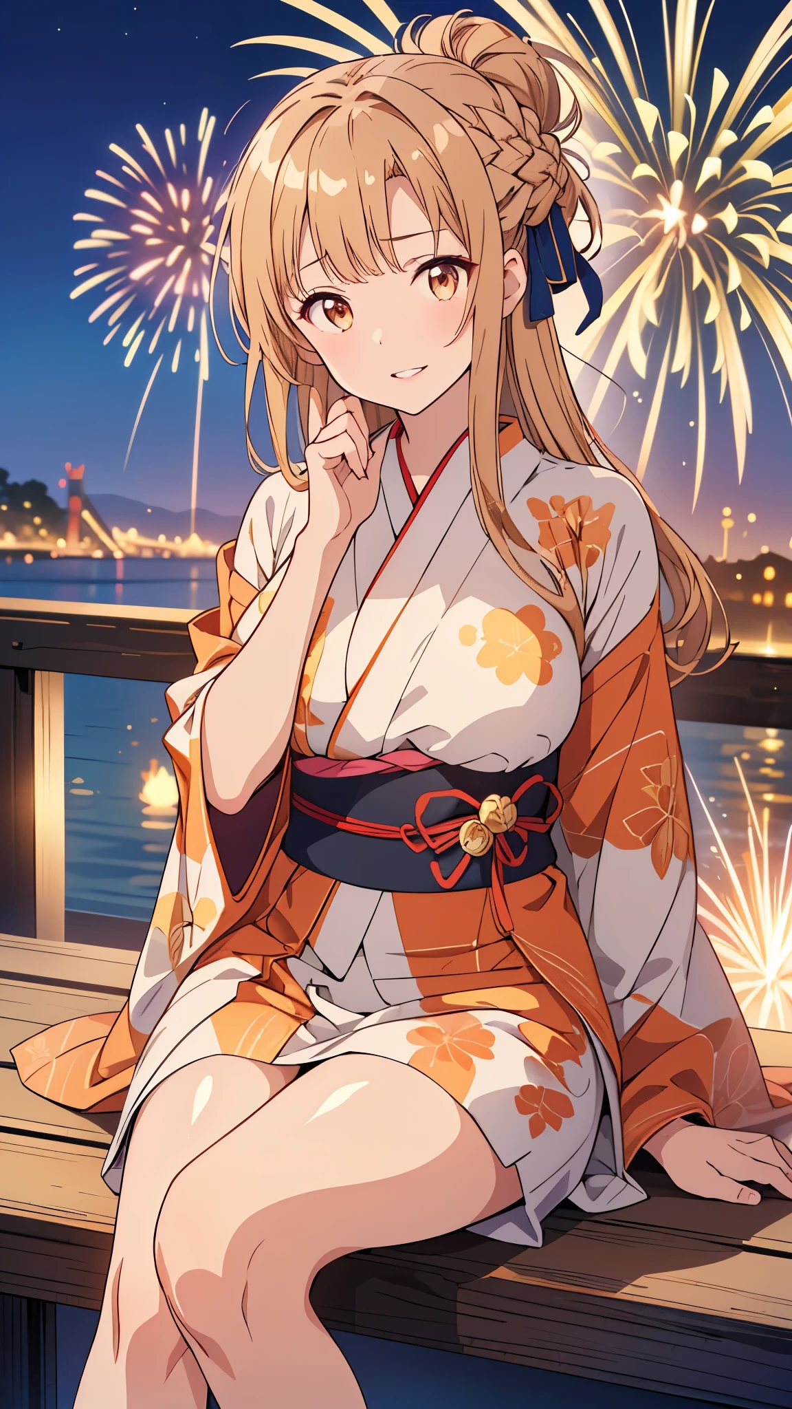 A woman in a kimono sitting on a pier with fireworks in the background Anime girl in a kimono sitting on the stairs with fireworks in the background、(Tabletop:1.3), High resolution, Very detailed, Highly detailed CG Unity 8K wallpapers, Realistic, Realistic, RAW Photos, Beautifully detailed face, Pale skin, Realistic glitter skin, Detailed cloth texture, Detailed hair texture, Perfect body, Beautiful Face, Acura, Anatomically correct, Very detailed顔と肌の質感, Natural neck length, (Beautiful Hands), (Fair skin:1.2), Thin legs, Thin legs, (Teeth are neatly arranged:1.1), Sweaty skin, break, fine grain, Symmetrical eyes, Light brown eyes, double eyelid, Thin eyebrows, (Glossy Lips:1.4), ((Cute Smile:1.2)), (blush:1.1), (small shiny hair ornament:1.1), break, (Elegant girl:1.3), (wear (Navy blue yukata:1.2) There is a white floral pattern), break, Large Breasts, Slim figure, Toned Abs, ((Updo, Dark gold hair, Wavy Hair, Long Hair, Asymmetrical bangs:1.2)), (Close-up shot:1.2), (A sideways glance at the audience:1.1), From next to me, break, ((Sit on the stairs,Gently lift your chin in Odaiba:1.2)), ((Huge colorful fireworks bloom in the night sky:1.2)),