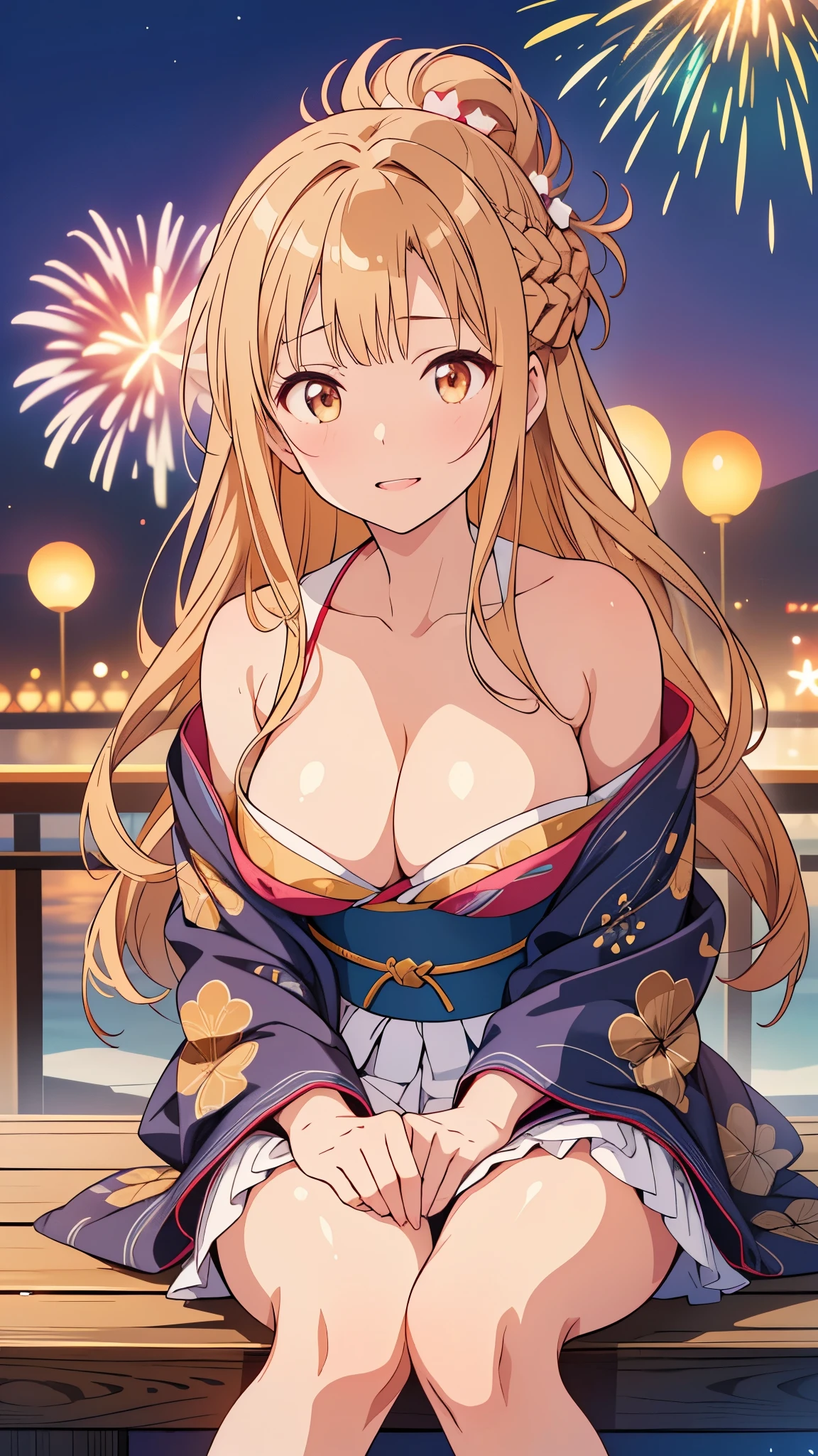 A woman in a kimono sitting on a pier with fireworks in the background Anime girl in a kimono sitting on the stairs with fireworks in the background、(Tabletop:1.3), High resolution, Very detailed, Highly detailed CG Unity 8K wallpapers, Realistic, Realistic, RAW Photos, Beautifully detailed face, Pale skin, Realistic glitter skin, Detailed cloth texture, Detailed hair texture, Perfect body, Beautiful Face, Acura, Anatomically correct, Very detailed顔と肌の質感, Natural neck length, (Beautiful Hands), (Fair skin:1.2), Thin legs, Thin legs, (Teeth are neatly arranged:1.1), Sweaty skin, break, fine grain, Symmetrical eyes, Light brown eyes, double eyelid, Thin eyebrows, (Glossy Lips:1.4), ((Cute Smile:1.2)), (blush:1.1), (small shiny hair ornament:1.1), break, (Elegant girl:1.3), (wear (Navy blue yukata:1.2) There is a white floral pattern), break, Large Breasts, Slim figure, Toned Abs, ((Updo, Dark gold hair, Wavy Hair, Long Hair, Asymmetrical bangs:1.2)), (Close-up shot:1.2), (A sideways glance at the audience:1.1), From next to me, break, ((Sit on the stairs,Gently lift your chin in Odaiba:1.2)), ((Huge colorful fireworks bloom in the night sky:1.2)),