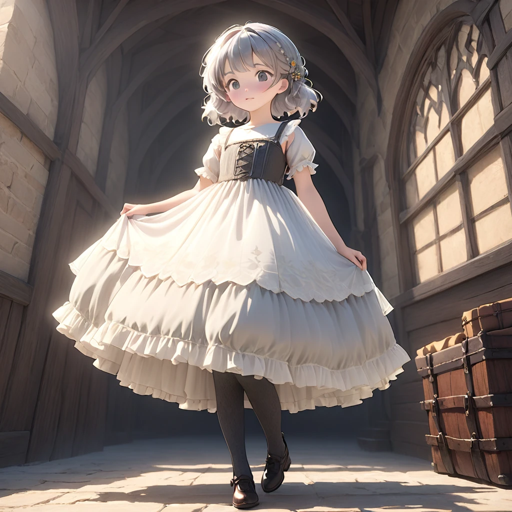 (Highly detailed CG Octane render 8k wallpaper), 8 year old girl underwear, Realistic cotton bloomers, Medieval long dress with panniers, Fabric Realism, Low Angle,  Pull up the dress by hand, Strong winds, Translucent slip, Translucent slip, tights, Highest quality, whole body