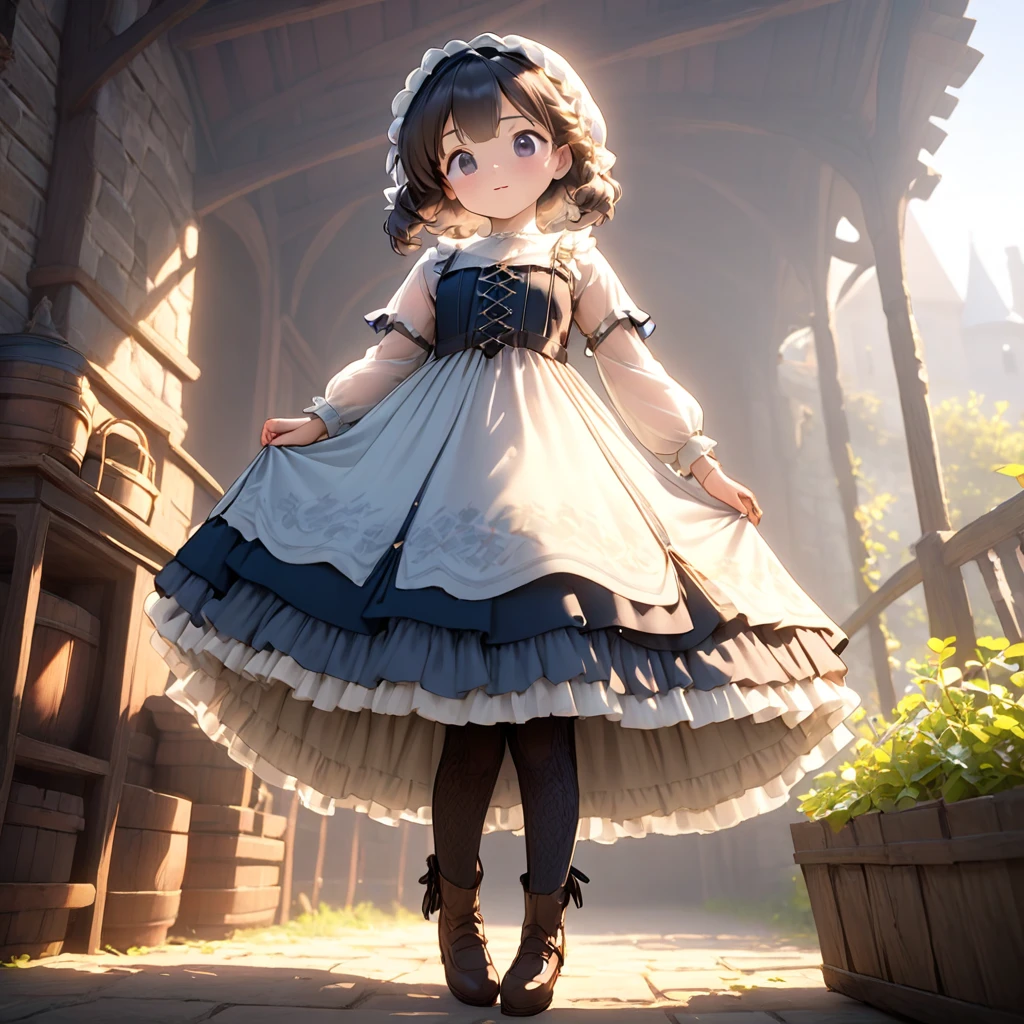 (Highly detailed CG Octane render 8k wallpaper), 8 year old girl underwear, Realistic cotton bloomers, Medieval long dress with panniers, Fabric Realism, Low Angle,  Pull up the dress by hand, Strong winds, Translucent slip, Translucent slip, tights, Highest quality, whole body