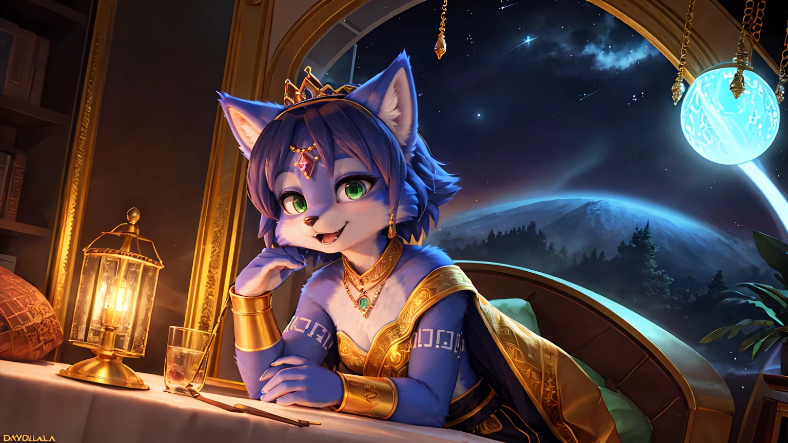 A beautiful and detailed (sweet picture) wa ((krystal)), Star Fox Krystal, sslim, lovable, green eyes, medium breasts, (((Long blue hair 1.3))),  ((black hair tips)), Decollete, grin, look up,, anthro, furry, Uploaded E621, detailed fluffy fur, (wa Fluff-Kevlar, Bayard Wu, personalize me, Pino Daeni), detailed face, (fluffy), 1 girl, alone,  Tribal clothing, sweet girl, alone,  ASCIIrealisti, ​masterpiece,
(Three quarters back) VIEW, back, over shoulder, shot above, detailed and extremely fluffy body fur,
shiny coat, green eyes, small breasts, Cute fangs,
sit on a table, sexy Pose,
((Long wavy purple hair, Hair above the eye)),
(purple and Schwarz elegant dress|Starry Night Empress Robes, dark dress, reminiscent of a starry sky, flowing cape, Crescent Accessories),
Shimmering Gold, gold necklace, Gold anklets, Gold Bracelets, Golden Belt, golden chain decoration, golden tiara,
Half Closed Eyes, open mouth, Happy,
uploaded to e621, (wa Hasui Kawase:0.5), wa Barbara Takenaga, wa Affandi, wa Beatrice Ethel Lithiby, wa Catcouch,
furrycore,
Night time,
decorated fantasy throne room, colored magic lights, Dim the light,
Antique brass lamps, Hanging brass lamps with stained glass panels cast warm and colorful light into the room, lavishly decorated bed, Cryptic Alchemy Lab radiates an unearthly glow, that defies the laws of natural light., Alchemy laboratory with bubbling potions and mysterious ingredients, living crystalline column,
detailed, realisti, 8K  UHD, good quality, good quality photography, 3-point lighting, Flash with softbox, 4K, Canon EOS R3, HDR, smooth, keen focus, High resolution, Award-winning photo, 80mm, f2.8, bokeh,
Film composition, cinematic lighting,highly detailed, ​masterpiece, best quality,