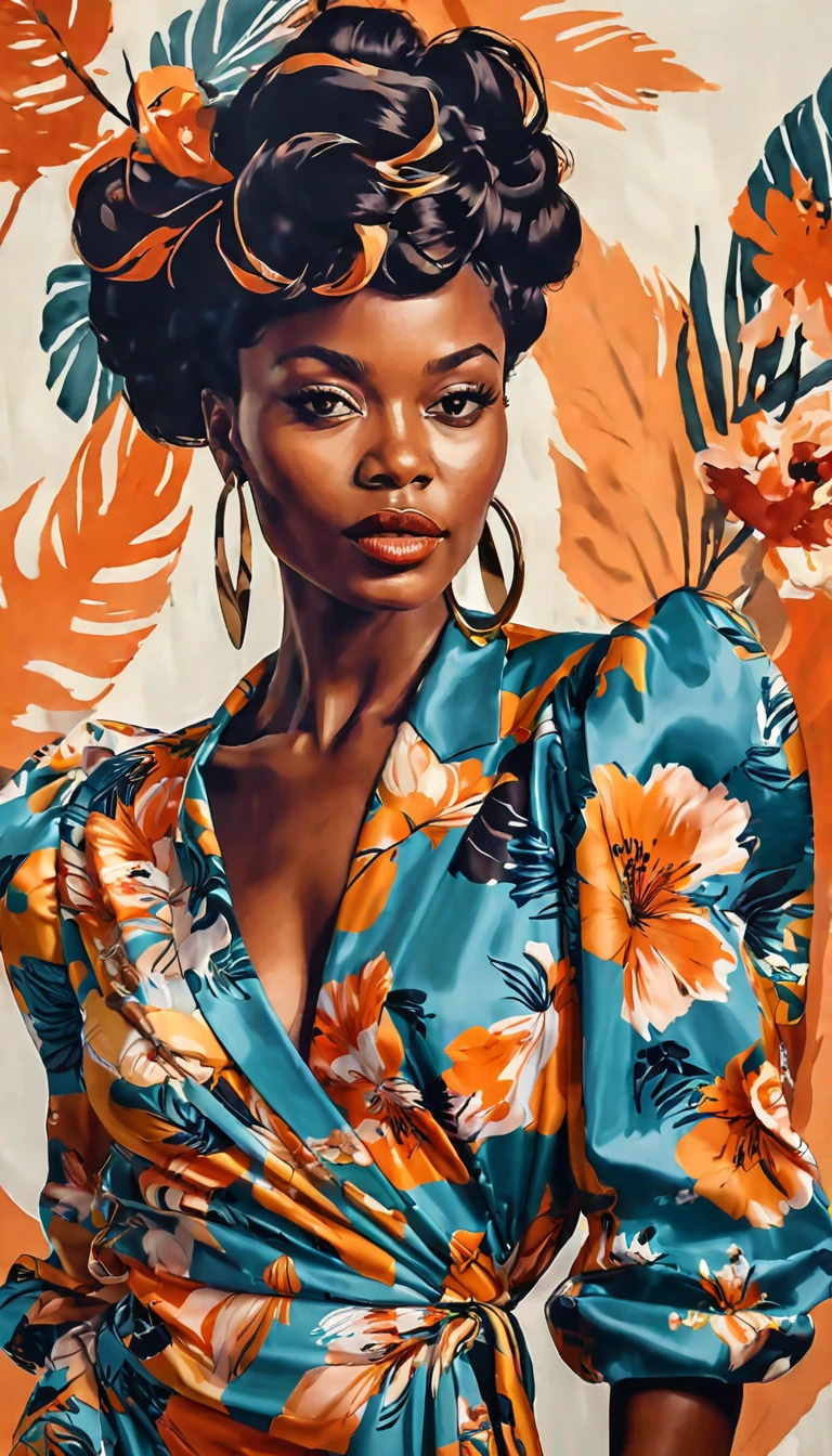 Contemporary painting of a black woman, dressed in fashionable clothes, glamour, creative, poster style