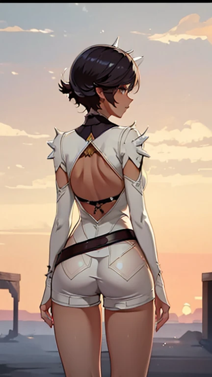 Highly detailed, Sharp focus, 4k Hd, Neutral colors, Bounce light and soften shadows, Sunlight , Detailed light rays, Stunningly beautiful, tight white shorts, show off rear, back view, cowboy shot, sexy pose
