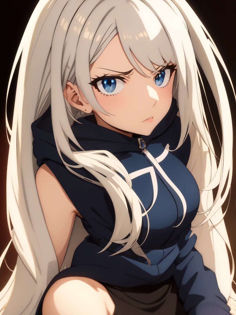 woman, white hair, blue eye, in hood, anime, serious face , bustshot