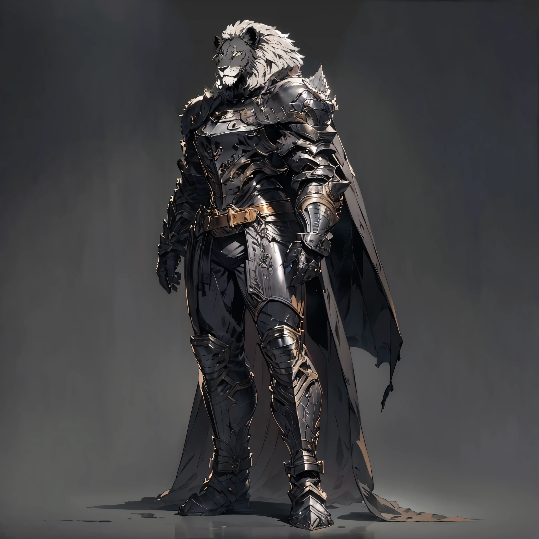 masterpiece, best quality, good quality, humanoid gray lion, Furry, a gray lush mane, scar on right eye, black armor, Combat armor, A lot of growth, black fur cape, Fantasy aesthetics, Highly detailed, shadowverse style
