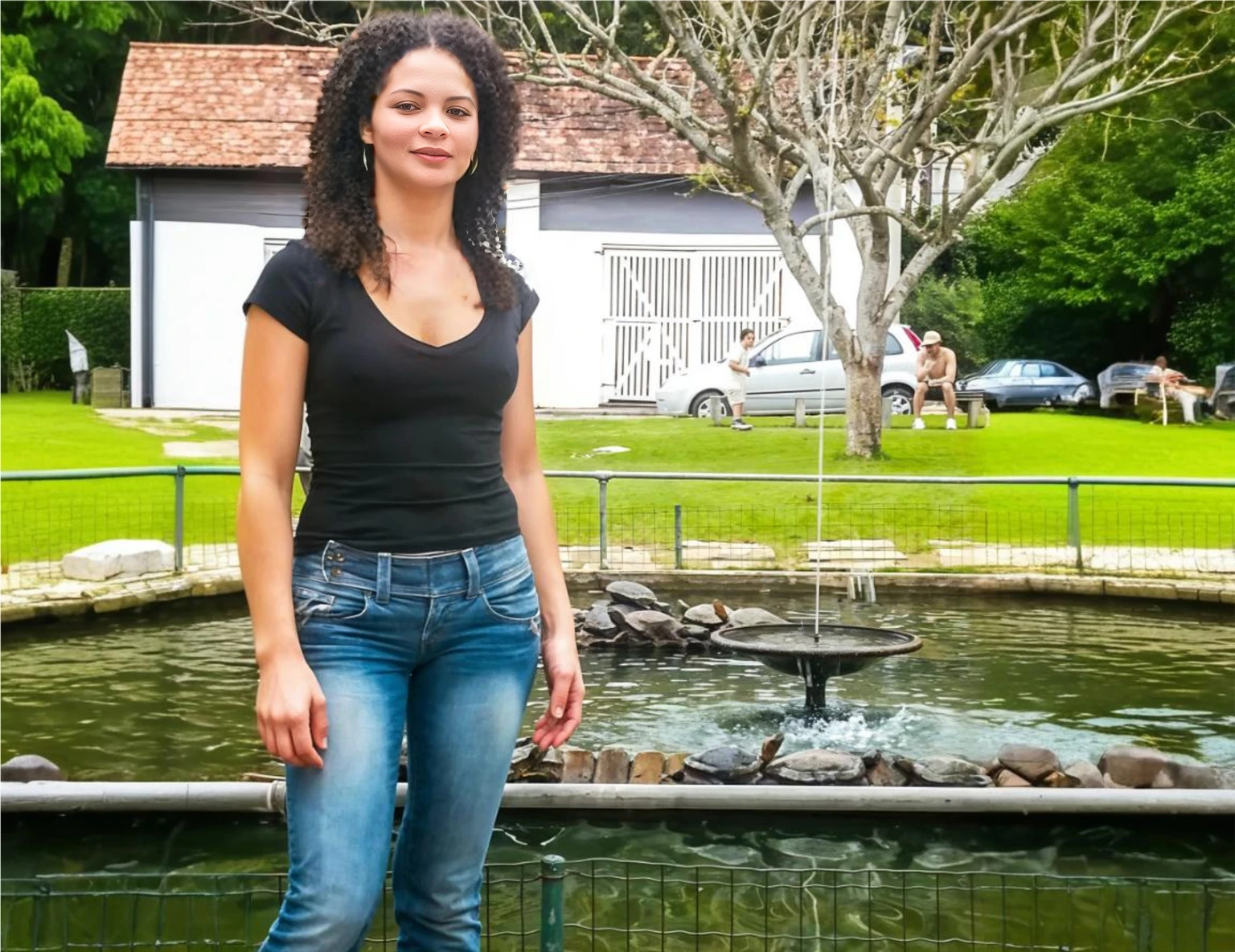 an 18 year old black Brazilian woman, (flawless face), beautiful face, chubby face, Caucasian skin, (extremely long and light curly afro hair), curly hair. curry hair.