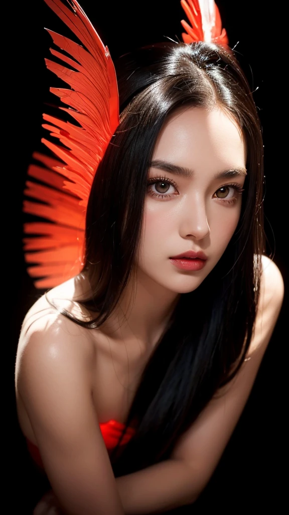 A stylized digital portrait of a young woman with long, sleek dark hair, posing with a tilted head and gazing directly at the viewer. She has sharp, well-defined eyebrows, full lips, and a serene yet slightly mysterious expression. The background features glowing red devil wing and a heart outline, giving a playful and edgy atmosphere. The lighting accentuates her facial features, creating a dramatic contrast between light and shadow. The overall aesthetic is modern and bold, with a hint of mischievousness.