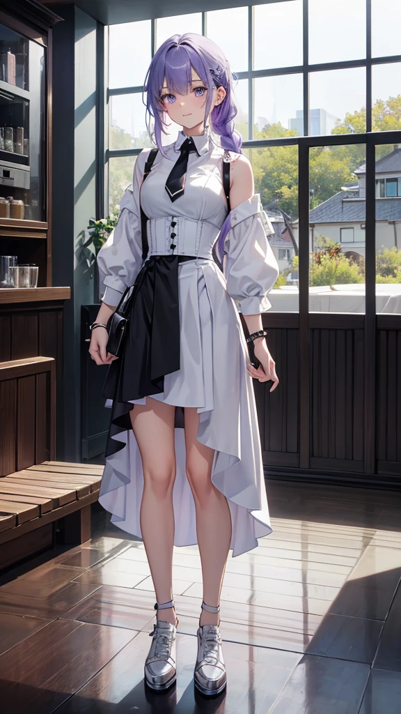 Hair Color: Light pastel purple.
Hair Style: Medium-length hair with loose waves, tied into a side braid on the right. Small, star-shaped hairpins near the fringe on the left side.
Eyes: Large, expressive eyes with deep purple irises.
Expression: A friendly, warm smile with a hint of playfulness. Blush on the cheeks, adding a cute and youthful appearance.
Other Features: Slightly pointed chin, smooth and flawless skin.
Top: White, short-sleeved crop top with a high collar and a black corset-style design around the waist.
Bottom: High-waisted, wide-leg cargo pants in a matching white color.
Accessories: Several silver bracelets on both wrists. A thin, black necktie that adds a casual yet stylish touch to the outfit.
Shoes: Chunky, white platform sneakers.
Scene : Inside a modern cafe with large glass windows showing a scenic view of a flower field and hills. The cafe has wooden floors, plants climbing the walls, and a blackboard menu near the entrance.

The character should appear friendly and approachable, with a sense of style that is modern and trendy.