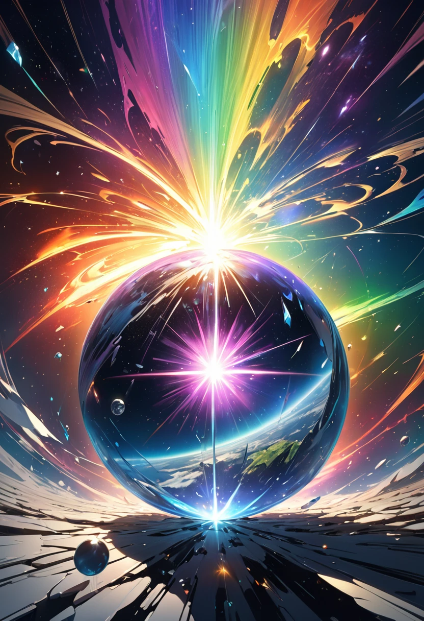 the holy sword Durandal, shatters the transparent crystal ball, erupting rainbow cosmic rays and sending the galaxy hurtling towards destruction, (ultra detailed, absolutely resolution, best quality:1.3), 2.5D, delicate and dynamic, artistic photography, hyper realistic, graphic CG digital art