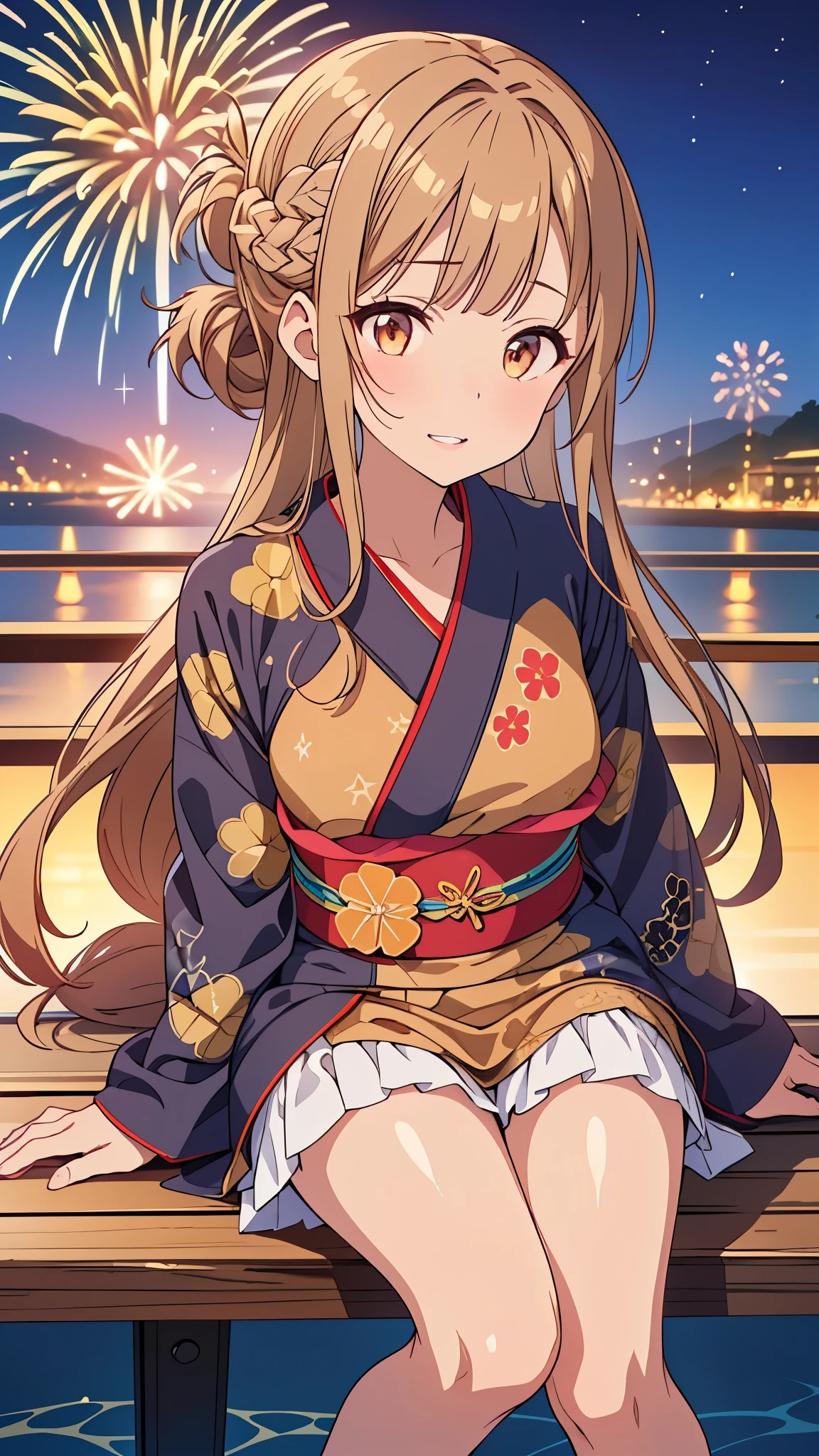 A woman in a kimono sitting on a pier with fireworks in the background Anime girl in a kimono sitting on the stairs with fireworks in the background、(Tabletop:1.3), High resolution, Very detailed, Highly detailed CG Unity 8K wallpapers, Realistic, Realistic, RAW Photos, Beautifully detailed face, Pale skin, Realistic glitter skin, Detailed cloth texture, Detailed hair texture, Perfect body, Beautiful Face, Acura, Anatomically correct, Very detailed顔と肌の質感, Natural neck length, (Beautiful Hands), (Fair skin:1.2), Thin legs, Thin legs, (Teeth are neatly arranged:1.1), Sweaty skin, break, fine grain, Symmetrical eyes, Light brown eyes, double eyelid, Thin eyebrows, (Glossy Lips:1.4), ((Cute Smile:1.2)), (blush:1.1), (small shiny hair ornament:1.1), break, (Elegant girl:1.3), (wear (Navy blue yukata:1.2) There is a white floral pattern), break, Large Breasts, Slim figure, Toned Abs, ((Updo, Dark gold hair, Wavy Hair, Long Hair, Asymmetrical bangs:1.2)), (Close-up shot:1.2), (A sideways glance at the audience:1.1), From next to me, break, ((Sit on the stairs,Gently lift your chin in Odaiba:1.2)), ((Huge colorful fireworks bloom in the night sky:1.2)),