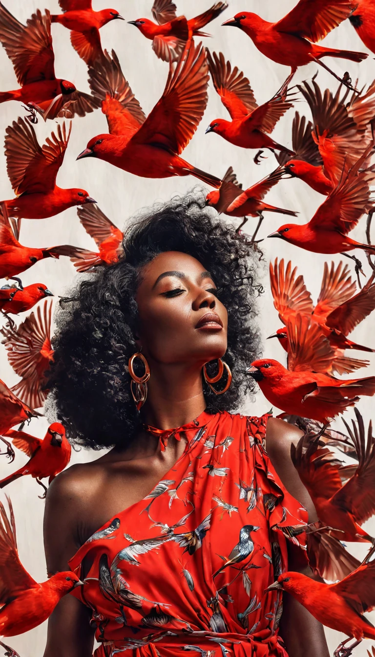 a black woman in red birds around her, in the style of dreamlike compositions, album covers, bold and colorful graphic design