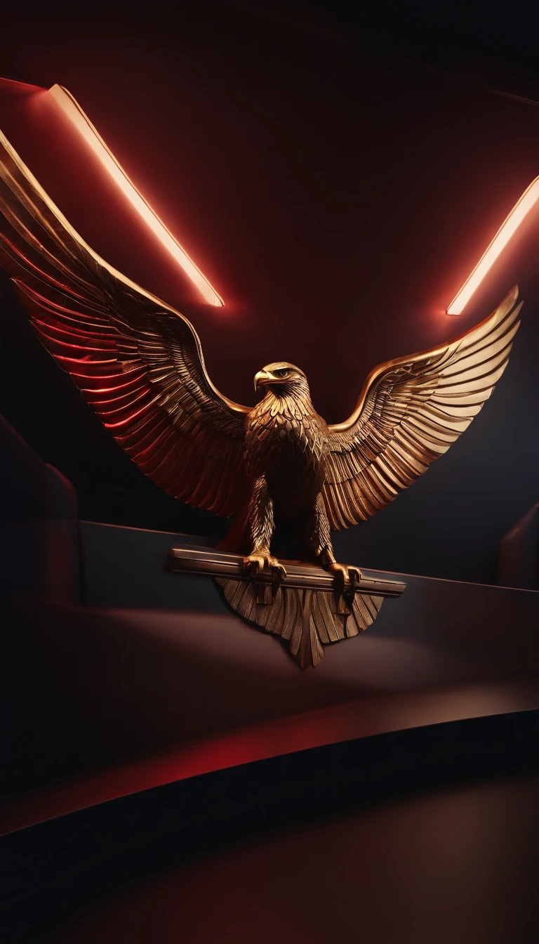 A black wall of 3d cone shaped  designing with dark red light and dark blue light in some parts of wall and a gold eagle under the wall with two spaceships