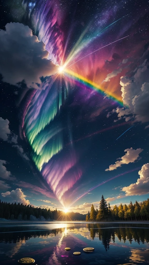 🌟更に豊かなお金💰と時間と愛が増える 🌟大きな夢、Good luck background image、wishes come true、Energetic、beautiful、rainbow色、Manifest yourself、Self-reliance、Financial luck prosperity、Gold coins、heart、Clover、rainbow、sun、water、sunの光、Aurora