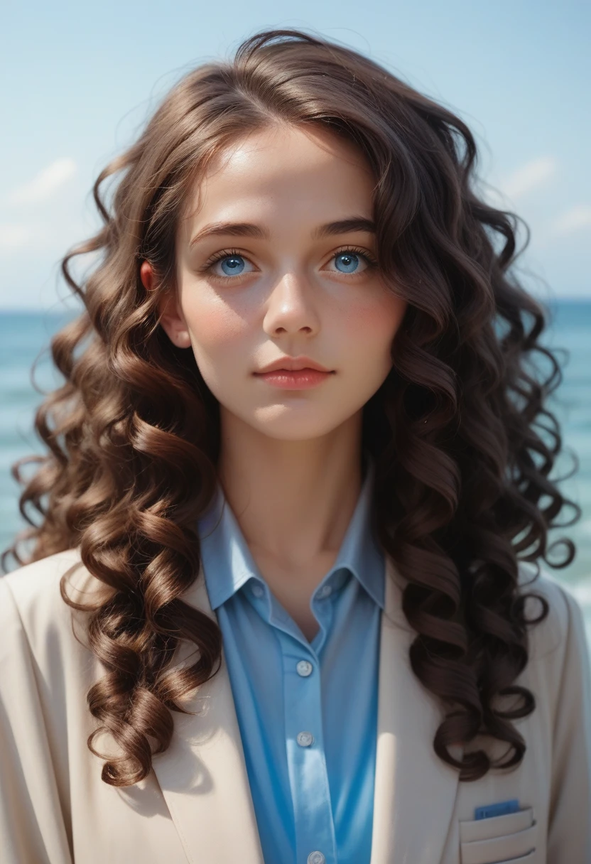portrait of a girl ((long brunette wavy and curly hair), blushed, looking at the camera midshot, professional photography, ultra sharp focus, very beautiful, ocean blue eyes