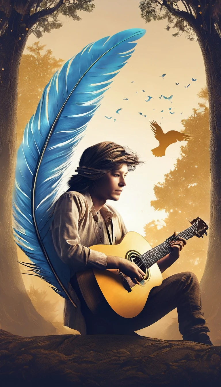 Create a cinematic, abstract symbol for a storytelling production brand based on stories and dreams called " Penamemoria". The logo should convey a fantasy theme and include the company of a boy and a feather. Fantastic, memorable, poetic, dreamy, sitting against a tree and playing guitar to a fantastic, unique, poetic white-blue-golden feather.

