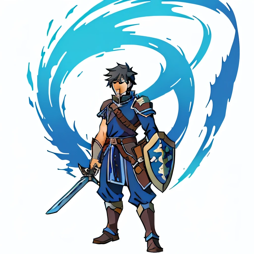 anime characters, Hero 2d fan art, JRPG characters, Masterpiece, High quality, Vector, fictional imagination, warrior, big armor, Fighting posture,holding a sword, holding a large shield, blue dress,brown hair,man,There are details., Sharp picture