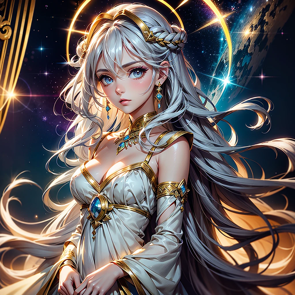 jewelry, delicate makeup, creating a soft light effect. In the style of anime and fantasy art, crystal, delicately drawn, gentle, peaceful, dreamy, soft, pastel tones, golden stars decorate her eyelids, light coloring, goddess, curl, White eyes, White eyebrows, White eyelashes, chaste, Fantasy, A girl with long white boho waves hair, in an elegant dress., rainbow, shining, forehead, chiffon, Greek style, corona, universe, curls, galaxy, Halo, Photosphere