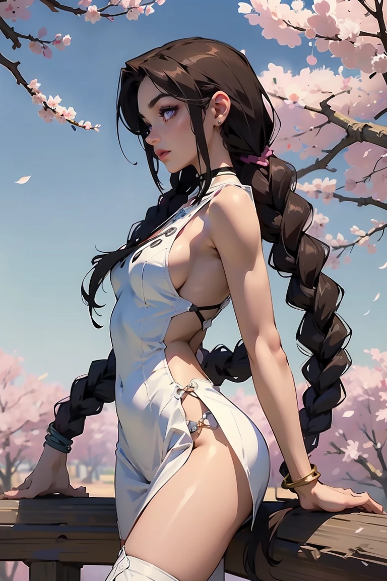 Goddess ((goddess-like woman)), slim elegant silhouette, masterpiece, (close angle), best quality, pale skin, fair skin, cloud tattoo on arm, sweet face, (masterpiece:1,2, best quality), (real picture, intricate details), (1 lady , solo, medium tits, slim waistline, ), ((Jinx/LOL)),BROWN HAIR, a woman withe brown very very long hair, brown hair, braided hair, very long braided pigtails, purple eyes, she has an impressive presence., bracelet, hoop earrings, jewelry, beautiful face, beautiful eyes, Side Pose, Side View, she is wearing a white tight lace cut out bodycon dresslac3cut0ut, white over the knee boots, boots, over the knee boots, sweet irresistible smile, elegant pose, elegant hands, beautiful hands, perfect fingers, background: Park, Japanese garden Cherry trees, cherry blossoms, blue sky, upper body view,