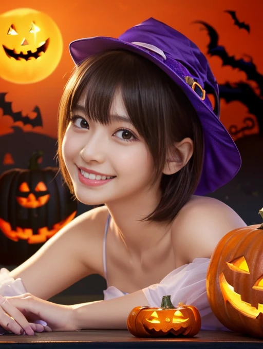 (table top,a 25 years old girl, detailed cutie face, beautiful balanced clear detailed eyes, detailed dropped eyes, ultra big smile, extremely detailed face,ultra slender body,short hair,anime style, (halloween costume):2.0), Highres fix,colorful lights, pumpkin decorations, haunted house, best quality, 4k, highres, masterpiece, realistic, photorealistic, photo-realistic, vivid colors, intricate details, fantasy, soft lighting, magical