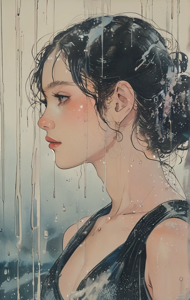The woman gazes sadly at the sky, tears streaming down her face, A delicate and beautiful realistic animation, A beautiful woman takes shape and materializes from the crystal clear shining water, The transparent and mysterious liquid is like a sculpture, where the liquid takes shape and the drops fold over to form a beautiful woman, The mysterious transparent liquid, in which the shape of a woman is embodied, emits a bewitching pale pink light from within and shines brightly