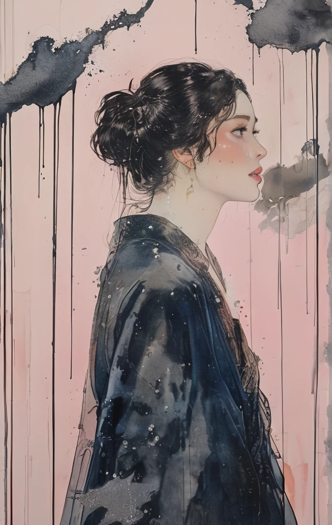 The woman gazes sadly at the sky, tears streaming down her face, A delicate and beautiful realistic animation, A beautiful woman takes shape and materializes from the crystal clear shining water, The transparent and mysterious liquid is like a sculpture, where the liquid takes shape and the drops fold over to form a beautiful woman, The mysterious transparent liquid, in which the shape of a woman is embodied, emits a bewitching pale pink light from within and shines brightly
