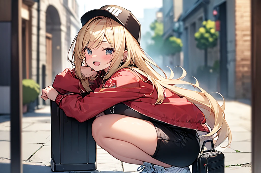 (Masterpiece, Top quality:1.5), 1 beautiful girl, squatting down, from side, Blonde, medium Hair, wavy Hair, asymmetry bangs, swept bangs, airy hair, large breasts:1.2, 16 year old, standard weight, (cool jacket, Shorts :1.3), baseball cap, smile:1.3, blush, beautiful scene of narrow Alley, blurry background, magnificent panorama view, blurry background, open mouth
