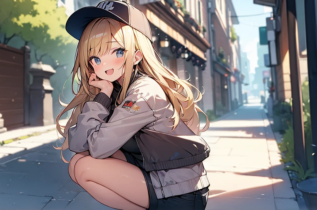 (Masterpiece, Top quality:1.5), 1 beautiful girl, squatting down, from side, Blonde, medium Hair, wavy Hair, asymmetry bangs, swept bangs, airy hair, large breasts:1.2, 16 year old, standard weight, (cool jacket, Shorts :1.3), baseball cap, smile:1.3, blush, beautiful scene of narrow Alley, blurry background, magnificent panorama view, blurry background, open mouth