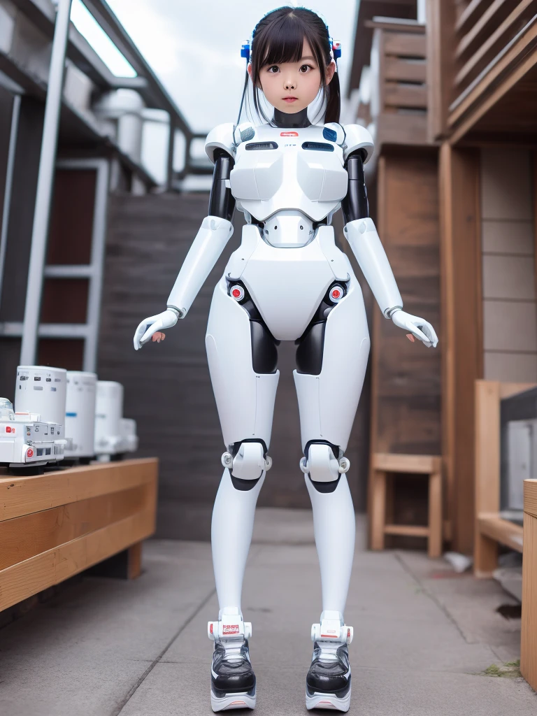 masterpiece, Highest quality, Very detailed, Japanese Android girl,Plump ,Control panel,robot arms,robot,Android,cyborg,white robot body,Ceramic body,perfect robotgirl,Blunt bangs,robot repair plant,Chubby,pantyhose,Platform sneakers,