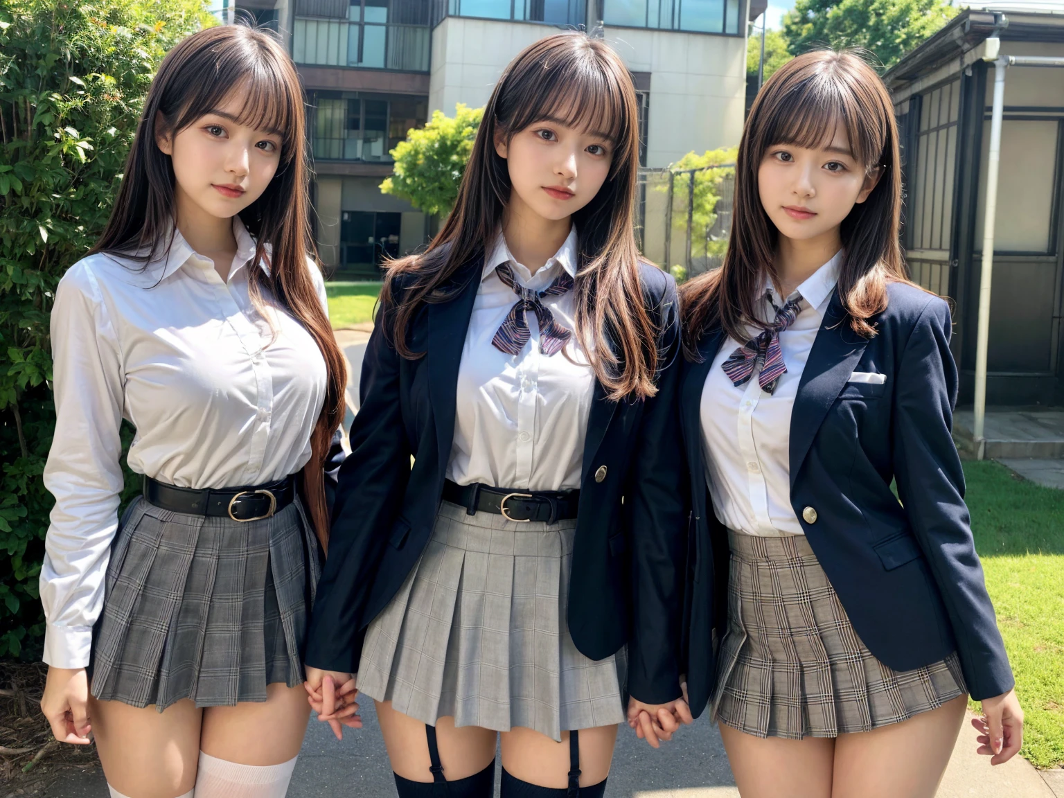masterpiece, best quality, illustration, Super detailed, fine details, High resolution, 8K,wall paper, perfect dynamic composition,(Details High quality, realistic depiction of eyes:1.3), (2 girls), High School Classroom、High school girl uniform、blazer 、Super Short Check Uniform Skirt、Navy blue high socks、garterbelts、Colossal tits、Disturbed uniform, short hair, deep on field, large breasts, black hair color, Big Natural Color Lip, (perfect body shape), crying a little、Harajuku style、20 year old girl、cute type、beautiful legs, Gravure Idol