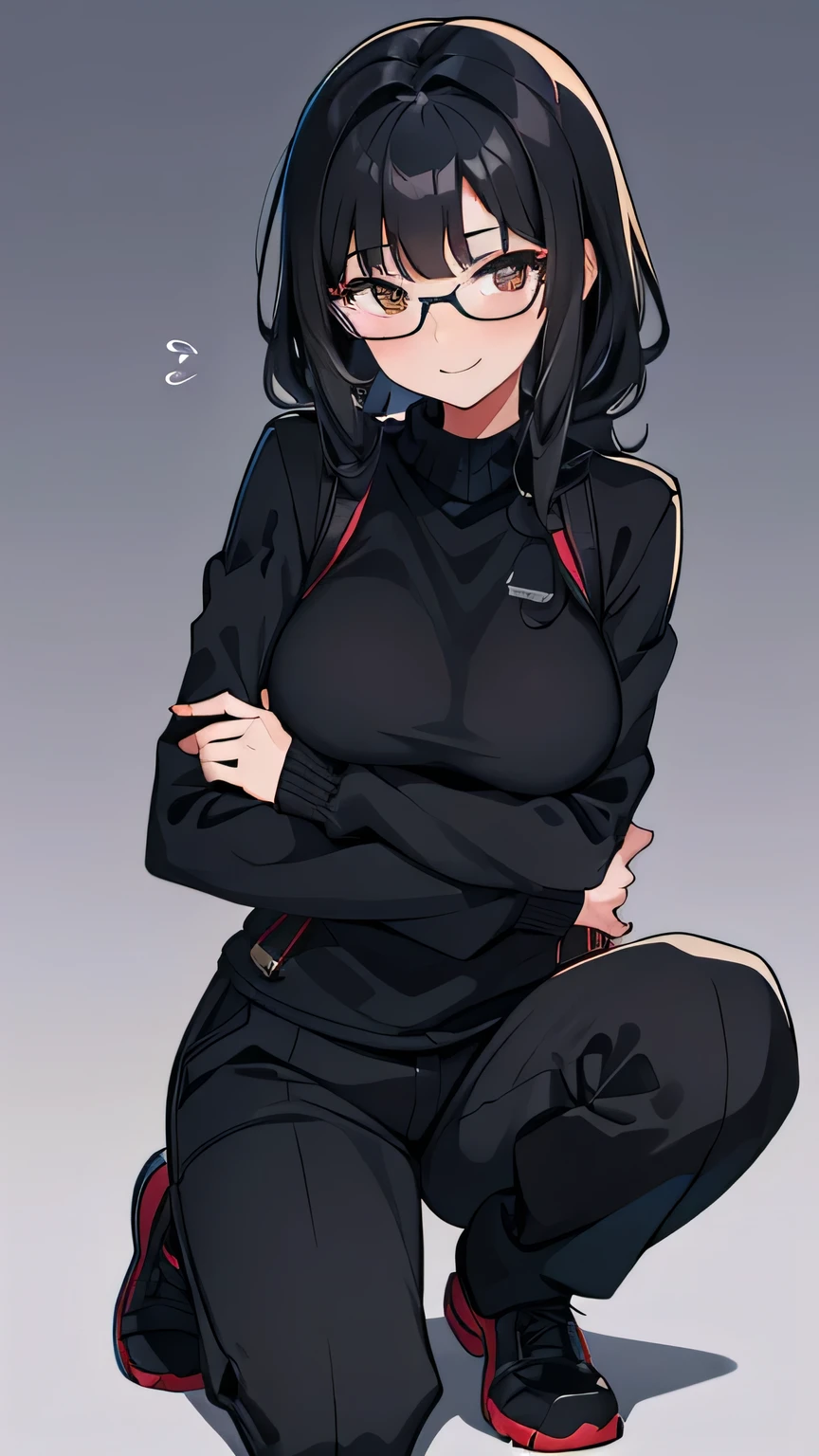 158 tall girl, beautiful wavy black hair , wearing glasses, wearing a black sweater, pen cargo pants, slim body, cute smile, Posing cute, Valorant game style background. PLEASE NO PARTS ANYWHERE WILL BE CUT OUT OF THE FRAME EXCEPT FOR THE KNEE