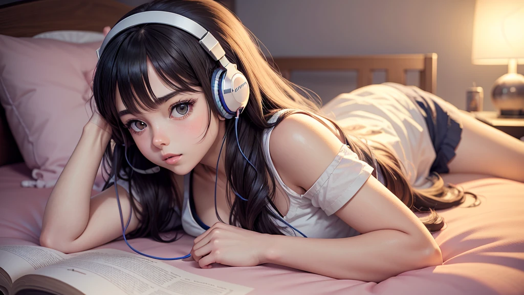 cute anime girl, 18 years old, long hair, relaxing, wearing headphones, in the bed, 4K, studying, night