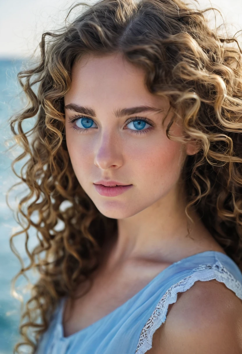 portrait of a girl ((long brunette wavy and curly hair), blushed, looking at the camera midshot, professional photography, ultra sharp focus, very beautiful, ocean blue eyes
