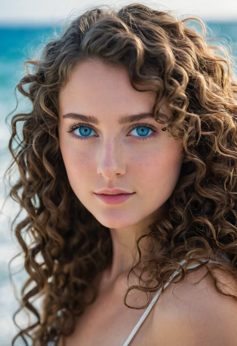 portrait of a girl ((long brunette wavy and curly hair), blushed, looking at the camera midshot, professional photography, ultra sharp focus, very beautiful, ocean blue eyes