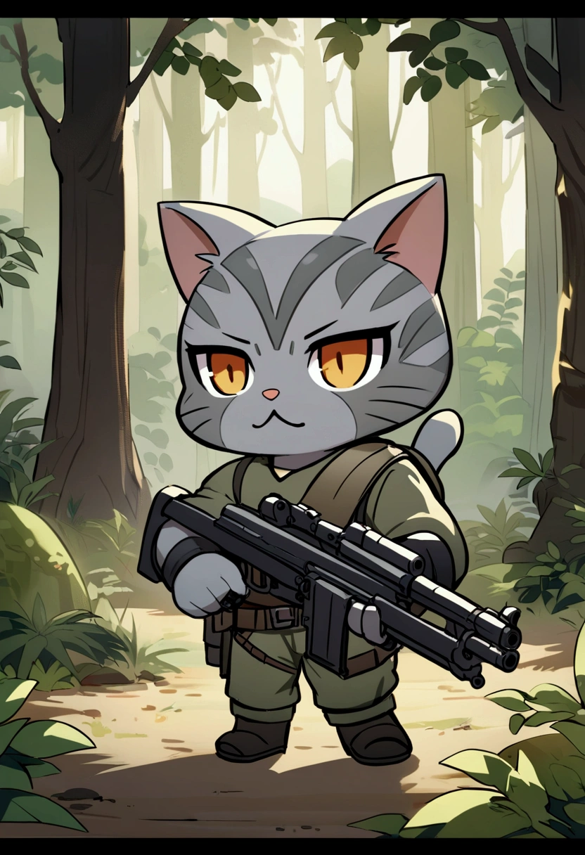 Cat dressed as Rambo from the movie, chibi, stand, Forest Background, Amazing style,right holds gun,Gray cat