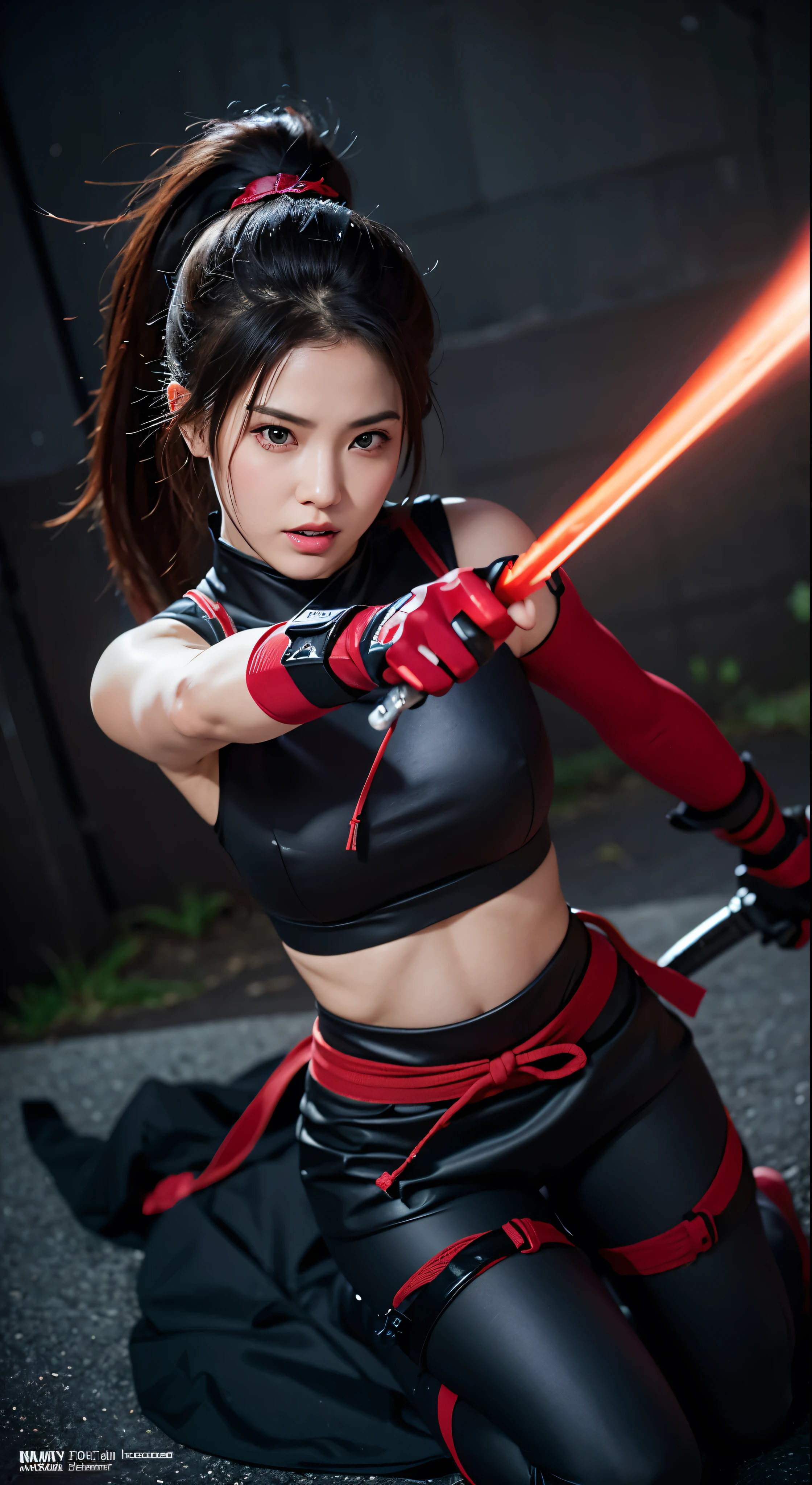 with high definition images、Epic Ninjutsu Shot、front、Award-winning photography、Every Ninja、Female ninja、Glowing Sword、In red photorealistic ninja style、The face is showing、Ultra-realistic illustrations、Facial details、Cinematic Screenshots Unreal Engine、Zbrush3DアートVray、Glow Special、Post Effects、Style expressive--S 400,High definition images of beautiful female ninjas,Full body high quality images