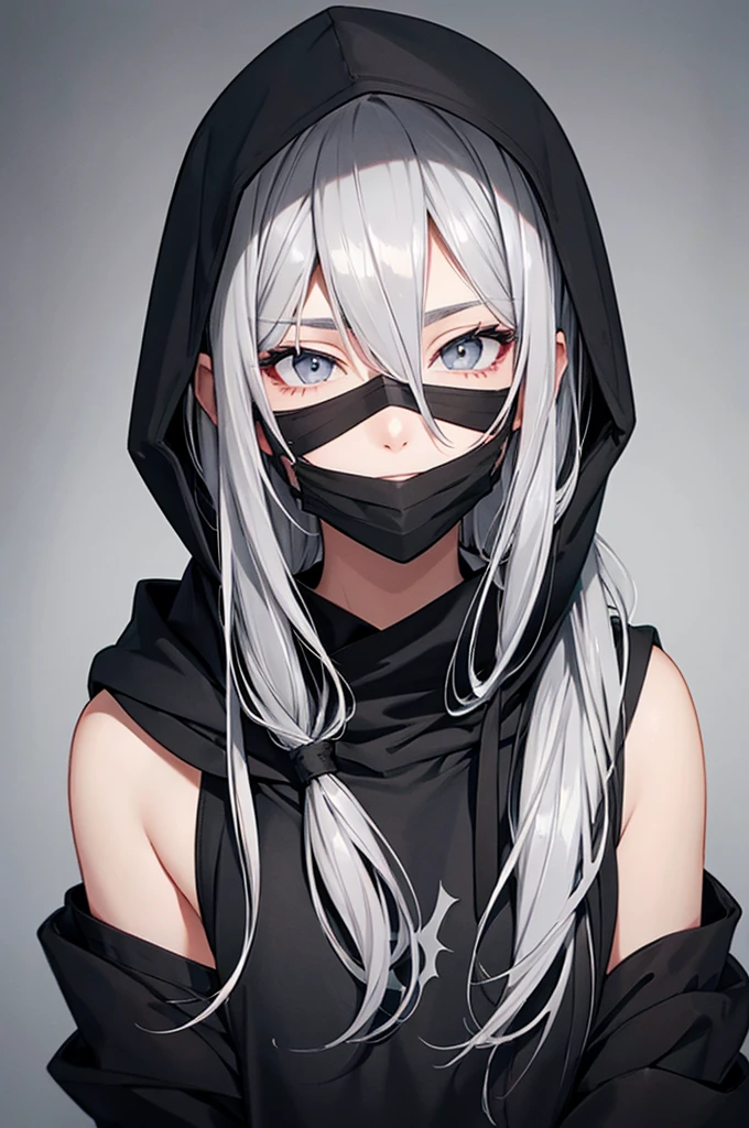 Beautiful youth,Silver Hair,((Grey Eyes)), Shoulder-length hair, Black Mask, Black hoodie, Wearing a hood,high quality, elicit amount, Pixiv illustration,In a completely different expression。